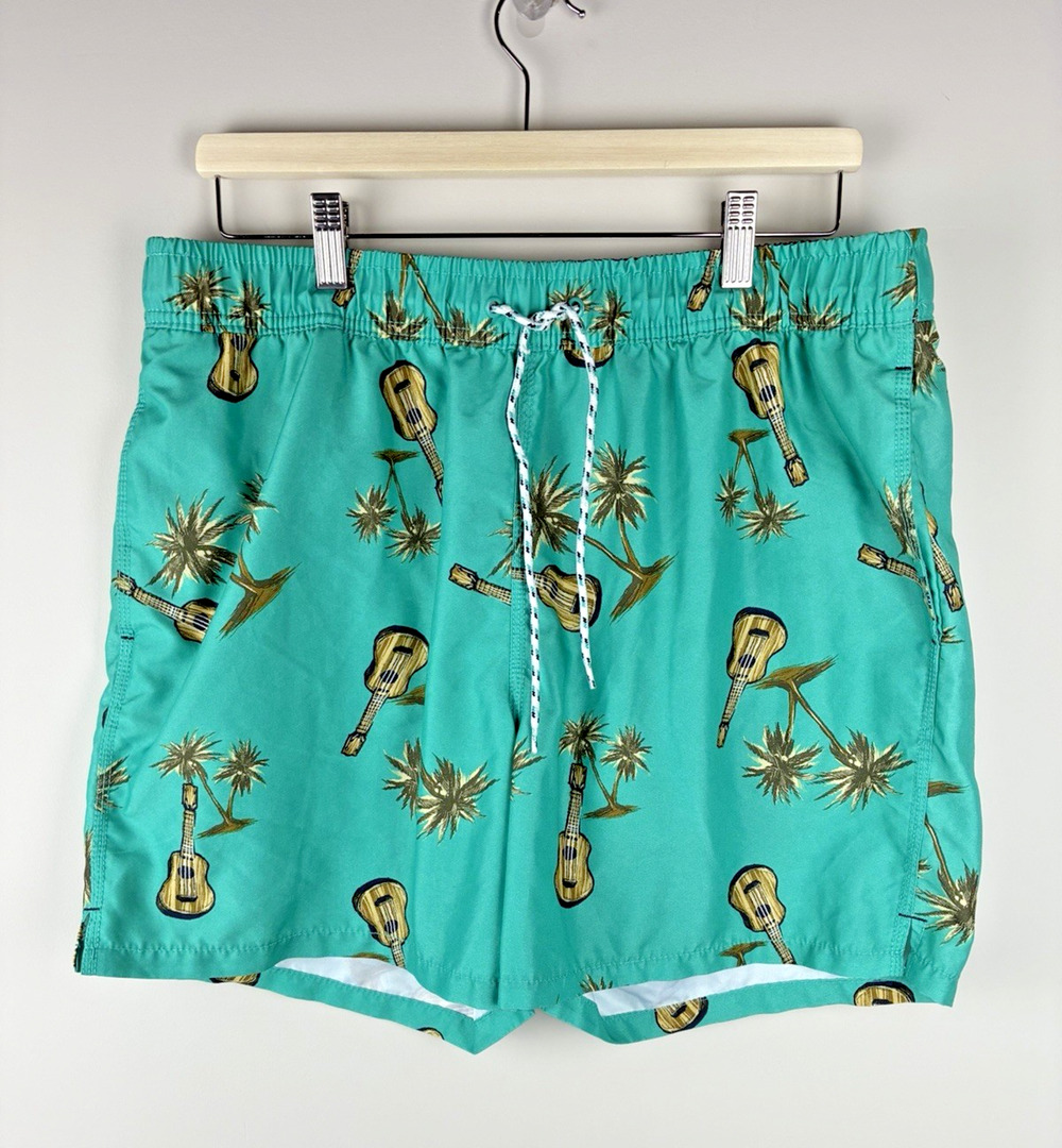 Goodfellow & Co Mens Large Swim Trunks Ukulele Palm Tree Teal Board Shorts